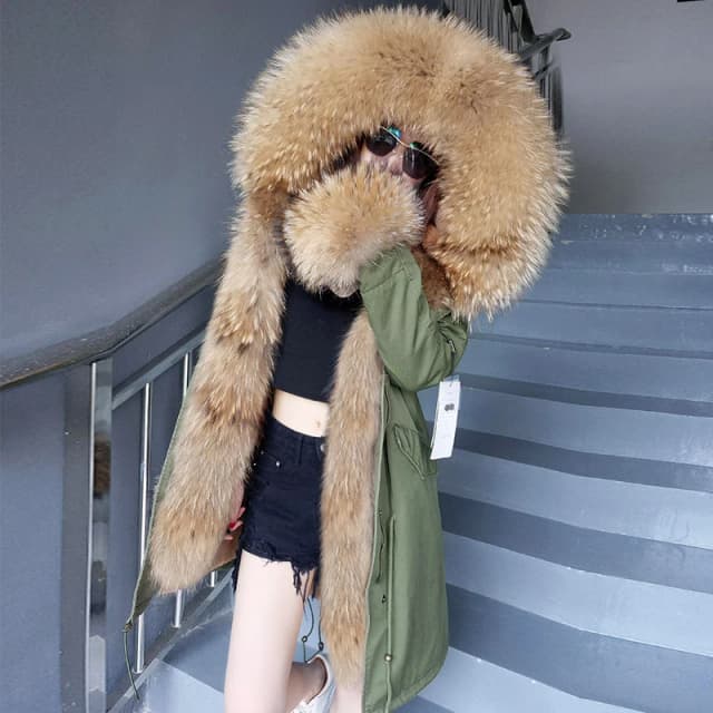 MAOMAOKONG Cao Cấp Mùa Đông Thật Áo Khoác Lông Thú Áo Khoác Nữ Cổ Lông Tự Nhiên Cáo Lót Lông Gấu Trúc Mũ Trùm Đầu Parkas Hàng Đầu Thời Trang