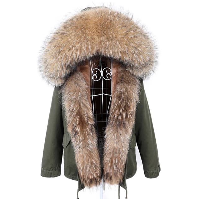 MAOMAOKONG Quần Áo Mùa Đông Nữ Tự Nhiên Áo Khoác Lông Thú Thật Gấu Trúc Cổ Lông Parkas Loại Bỏ Lông Thú Giả Lót Ấm Dày Ngắn Áo