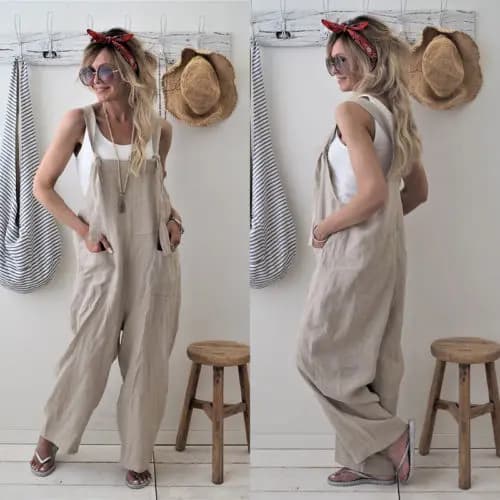 Rompers 2020 Mới Thương Hiệu Nữ Dáng Rộng Vải Lanh Cotton Chắc Chắn Túi Jumpsuit Áo Liền Quần Ống Rộng Quần Cắt Nóng