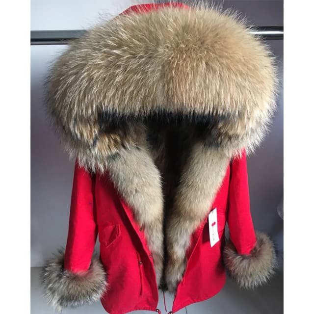 MAOMAOKONG Thực Cáo Áo Khoác Lông Thú Áo Khoác Mùa Đông Nữ Dài Áo Khoác Dù Tự Nhiên Gấu Trúc Cổ Áo Hood Dày Ấm Detachabl Lông Áo Lông