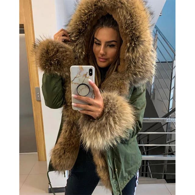 MAOMAOKONG Quần Áo Mùa Đông Nữ Tự Nhiên Áo Khoác Lông Thú Thật Gấu Trúc Cổ Lông Parkas Lông Thú Giả Lót Ngắn Áo Thêm Túi Cuf bộ Lông