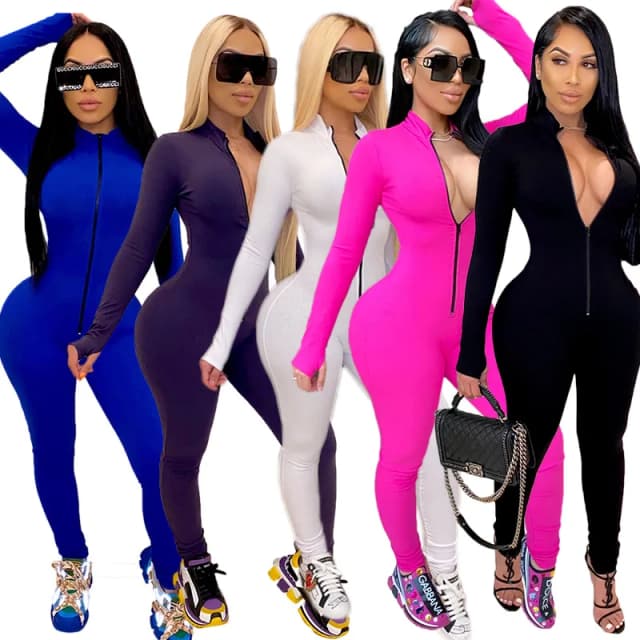 Gợi Cảm Màu Tay Dài V Sâu Bodycon Rompers Nữ Jumpsuit Đồ Thể Thao Thời Trang Khóa Kéo Lên Quần Dài Áo Liền Quần Tập Thể Dục bộ
