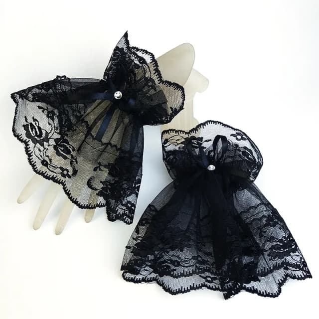 Phụ Nữ Tay Ngắn Tay Áo Ren Lót Cổ Tay Vòng Tay Đen Cứng Găng Tay Trắng Gothic Fingerless Gloves Nơ Thời Trang Găng Tay