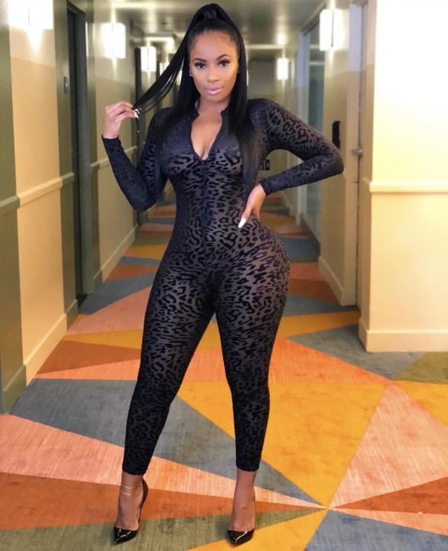 Bkld Nữ Bộ Đồ Bay Jumpsuits 2020 Mùa Thu Tay Dài Màu Đen Họa Tiết Da Báo Bodysuits Câu Lạc Bộ Lưới Dây Kéo Cổ V Xem Qua Jum