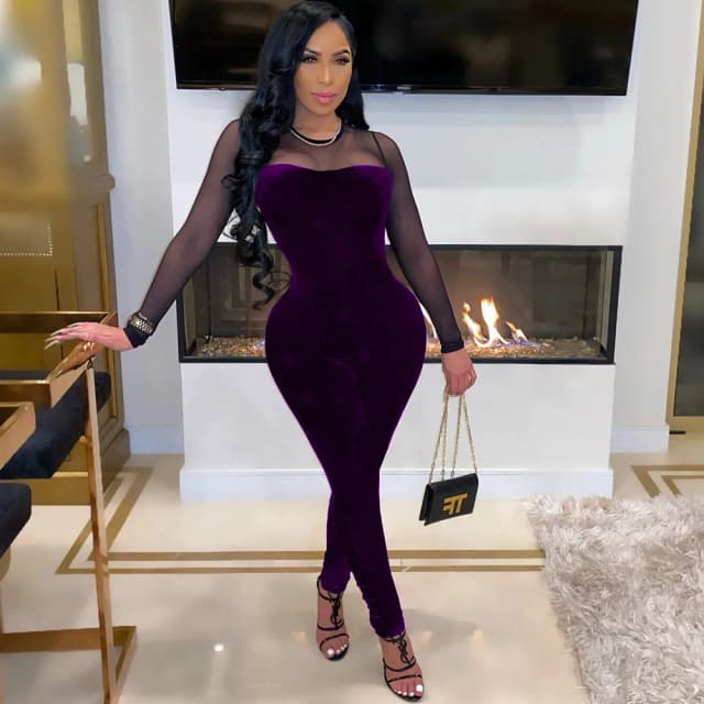 Gợi Cảm Sheer Lưới Miếng Dán Cường Lực Nhung Jumpsuit Nữ Tay Dài Skinny Rompers Nữ Jumpsuit Trơn Ôm Body Áo Liền Quần Câu Lạc Bộ