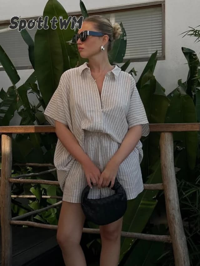 Women Casual Striped Shorts Set Chic V-neck Lapel Half Sleeve Shirt 2 Piece Suit 2025 Lady Summer Loose High Street Daily Outfit