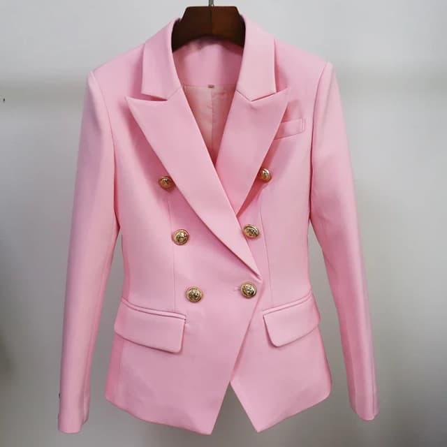 Chất Lượng Hàng Đầu Hồng Áo Blazer Nữ 2022 Trắng Ôm Áo Khoác Blazer Nữ Đôi Kim Loại Sư Tử Nút Nữ Áo Cộc Tay Và Áo Khoác