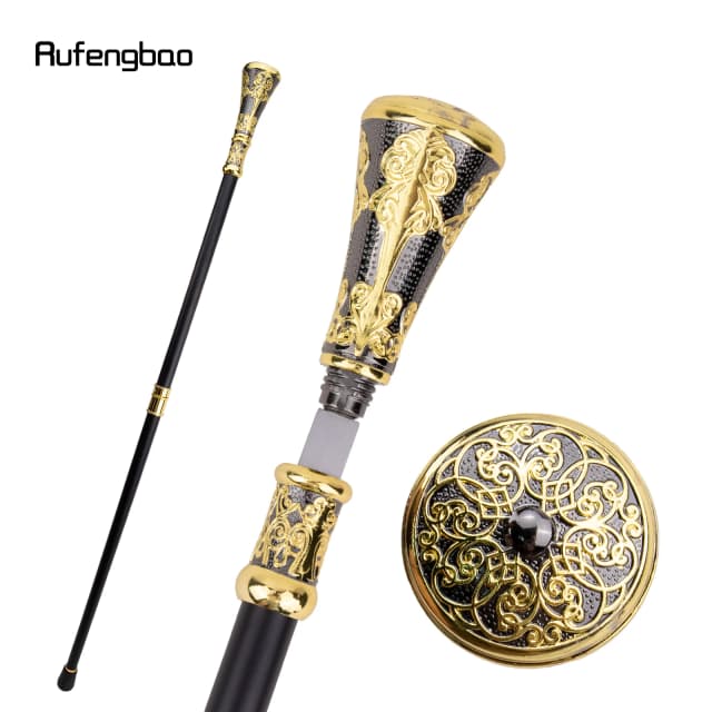 Golden Black  Flower Luxury Round Handle Walking Stick with Hidden Plate Self Defense Fashion Cane Plate Cosplay Crosier  93cm