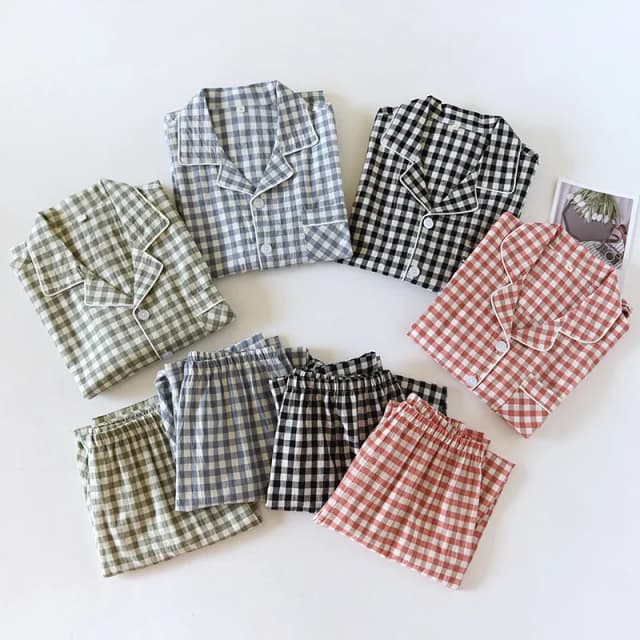2025 New Japanese Spring and Autumn Couple Pajama Set 100% Cotton Men's and Women's Plaid Long Sleeve Two Piece Home Furnishing