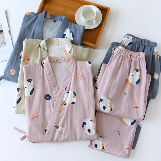 Nhật Bản Mới-Phong Cách Áo Khoác Kimono 2 Cặp Đôi Bộ Đồ Ngủ Bao Da Nam Nữ Nguyên Chất Bông Gạc Chú Mèo Con Dễ Thương Mỏng dịch Vụ Tận Nhà Plus Kích Thước