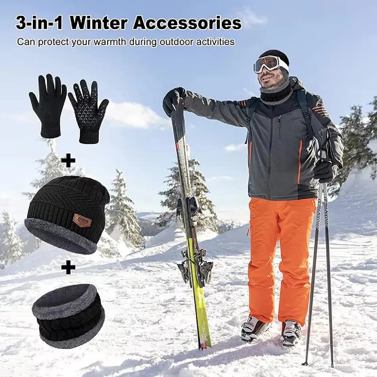 Women Men's Windproof Hat Outdoor Travel Leisure Winter Scarf Gloves Three-Piece Neck One Plus Cashmere Warm Winter Knitted Hat