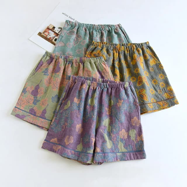 2025 Japanese Summer New Women's Shorts 100% Cotton Vintage Yarn Weaving Printed Sleepwear Thin Loose Pocket Shorts Home Pants