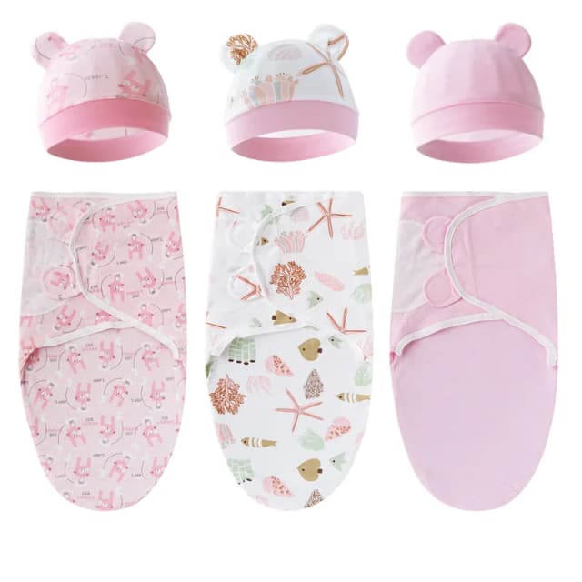 100% Cotton Baby Swaddle Blanket Swaddle Wrap Baby Hat Set for Infant Adjustable Newborn Swaddle Baby Swaddles for 0-6 Month