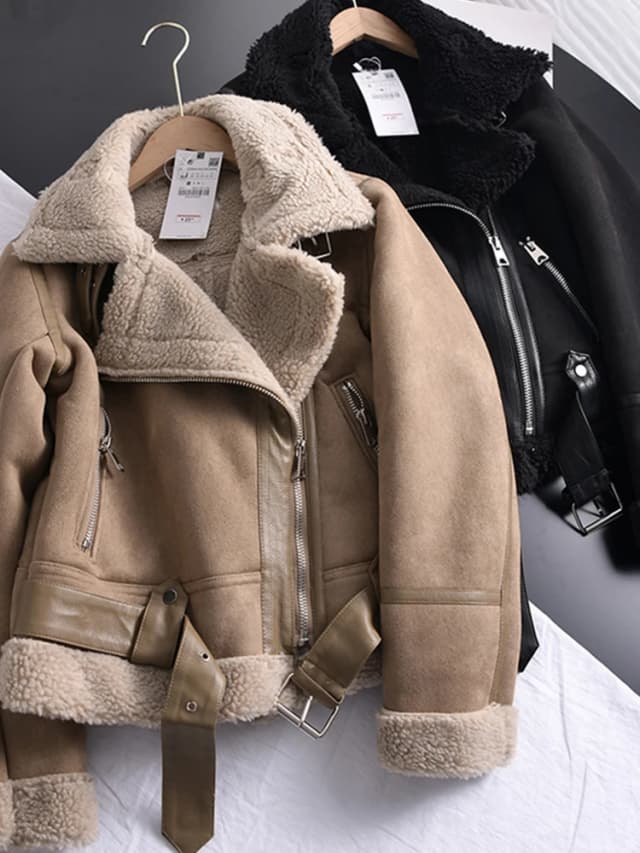 Ailegogo Mùa Đông Nữ Dày Ấm Da Lộn Thịt Cừu Áo Khoác Ngắn Xe Máy Nâu Áo Khoác Giả Shearling Nam Da Áo Khoác Ngoài