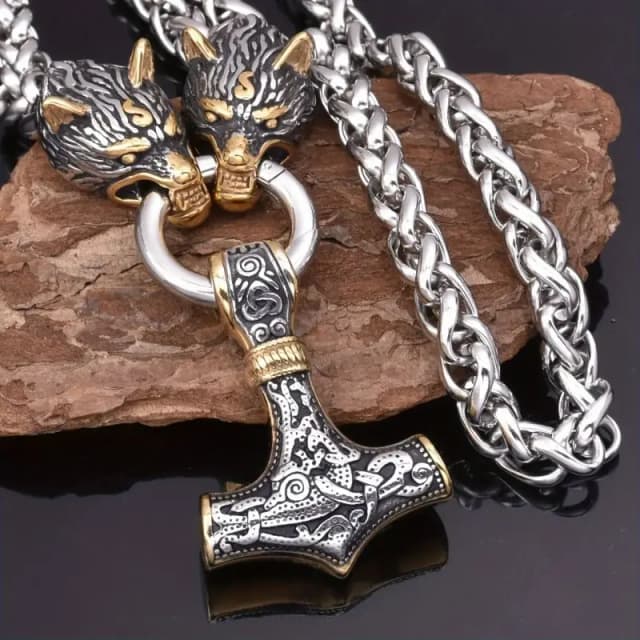 Charms Jewelry Pendants Nordic Celtic Men's Chain Necklace Double Wolf Head Viking Scandinavian Rune Accessories Norse Amulet
