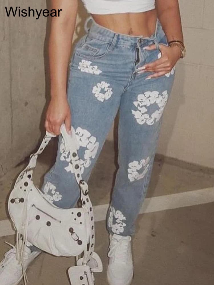 Fashion Spring Cotton stretch Flower Print Blue Jeans Women Casual High Waist All Match Hipster Skinny Denim Trousers Streetwear