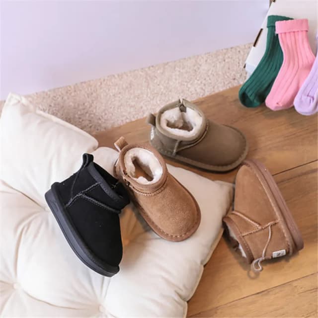 2024 New Winter Baby Snow Boots leather Warm Plush Little Boys Shoes Non-slip Fashion Toddler Girls Boots
