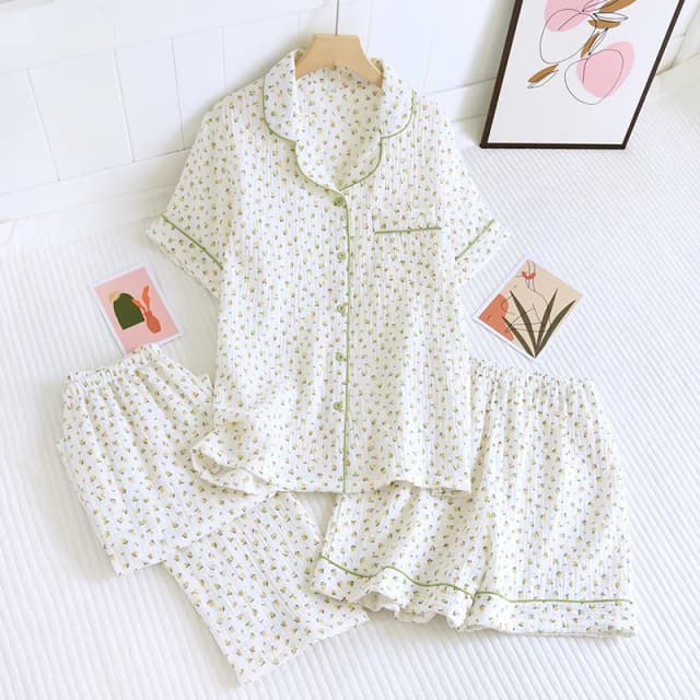 Quần Áo Thun Nam Bông Kem 3 Mảnh Nữ Tay Ngắn + Quần Short + Quần Size Lớn Đơn Giản Đồ Ngủ Hoa Đào dịch Vụ Tận Nhà Phù Hợp Với