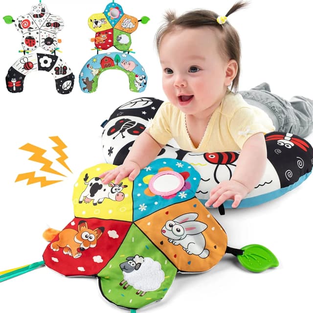 Tummy Time Pillow with 3D Crinkle Mat & Teethers Black White High Contrast Baby Toys with Mirror Sensory Toy for Infant Newborn