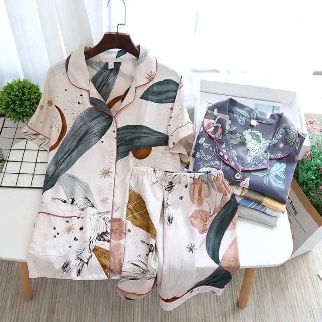 Mùa Hè Mới Nữ Mỏng Phần Ngắn Tay Quần Short Lớn Họa Tiết Bộ Đồ Ngủ Nhà Phục Vụ Nữ Bộ Đồ Ngủ Cho phụ Nữ