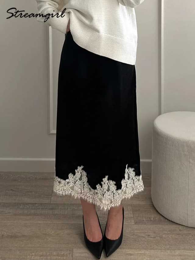 Midi Satin Skirt With Lace Brown Women Summer Office Zipper Skirts A Line Patchwork Satin Silk Skirts Midi Black Luxury Woman