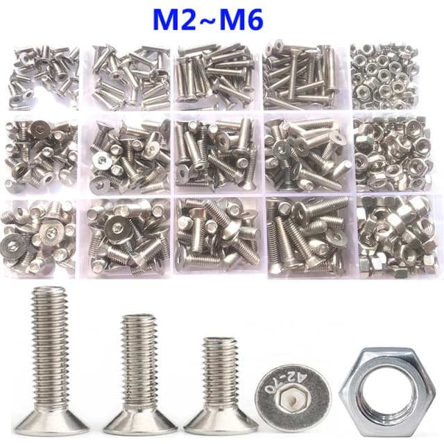 120-260 Chiếc M2M3 M4 M5 M6Hex Ổ Cắm Đầu Dẹp Máy Vít Hệ Mét Đường Chỉ May Countersunk Lục Giác Bu Lông Assortment Set đồng Hồ Nam Dây Thép Không Gỉ
