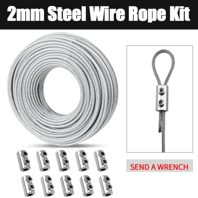 10/20M 2mm Stainless Steel Wire Rope Kit with PVC Coating and Cable Clamp for Clothesline Garden Railing Outdoor Fence Etc