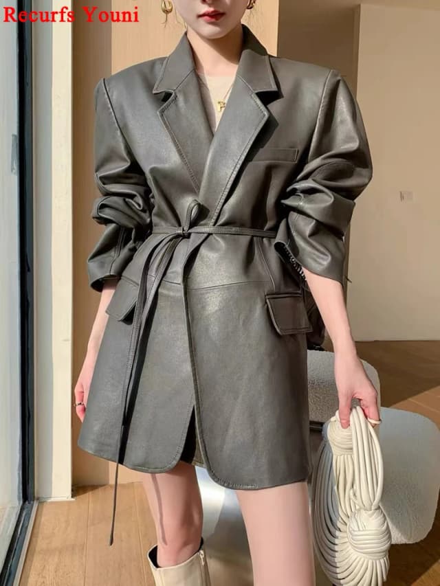 European Leather Windbreaker For Women 2024 New Plant Tanned Sheepskin Jacket Female Army Greey Suit Coat Streetwear Blazer