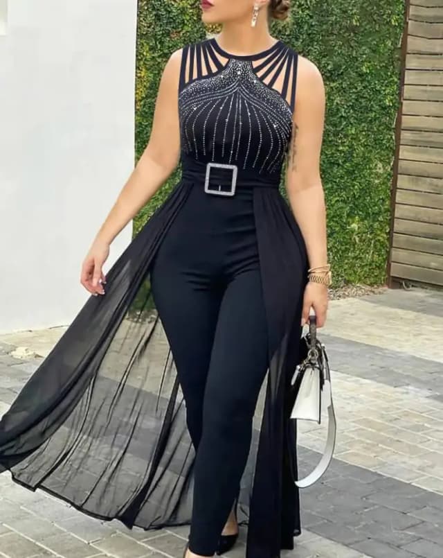Thanh Lịch Jumpsuit Nữ Dự Tiệc Mùa Hè Cổ Ren Sheer Lưới Áo Liền Quần Skinny Trang Phục Thời Trang Nữ