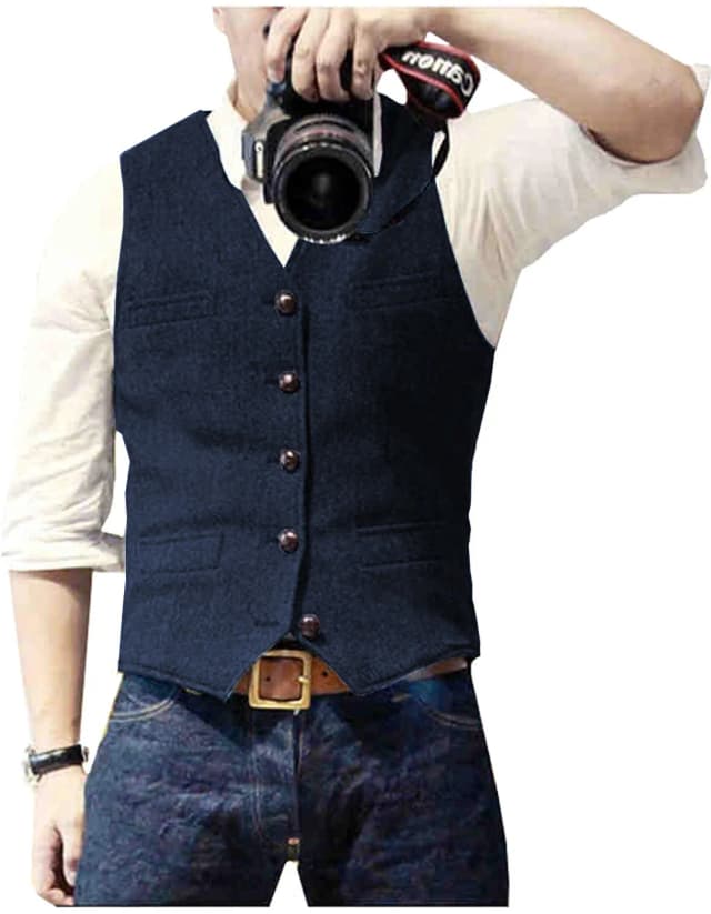 Men's Suit Vest V Neck Wool Herringbone Tweed Casual Waistcoat Formal Business Vest Groomman