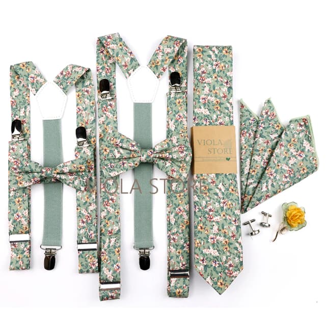 New Flower Cotton 2.5cm Suspender 6.5cm Tie Hankie Men Kid Bow Set Green Flower Cravat Brace Straps Wedding Party Gift Accessory