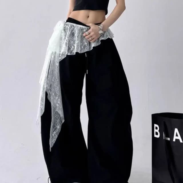 Embroidered Flower Lace Mini Skirt Irregular Y2K Streetwear Ruched Skirts High Waist See Through Lace Up Ruffles Skirt
