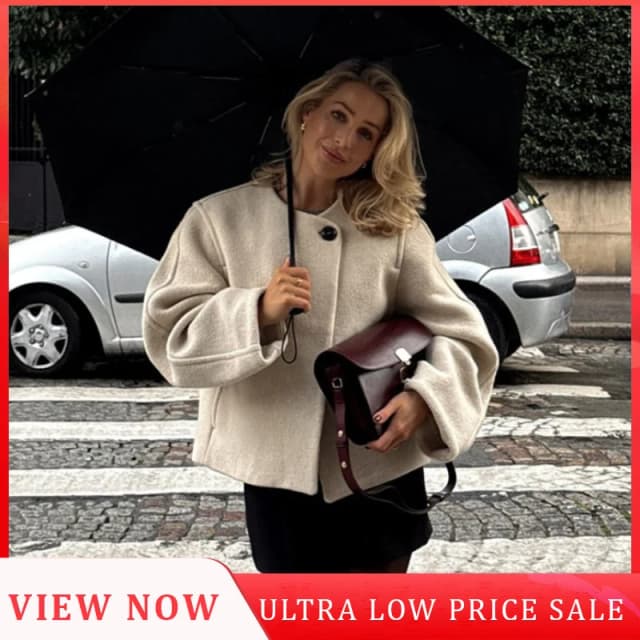 Elegant Single Button Woolen Short Coats Women Fashion O Neck Long Sleeve Loose Jackets Winter New Casual Commuting Streetwear