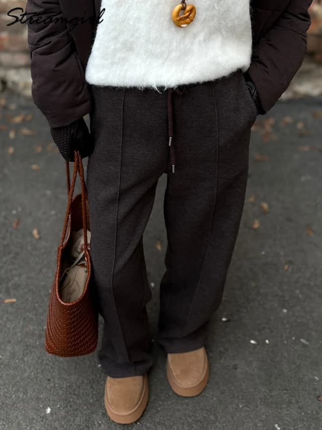 Streamgirl Thick Warm Straight Pants For Women Office Brown Wide Leg Trousers High Waist Women's Loose Pants For Ladies Spring