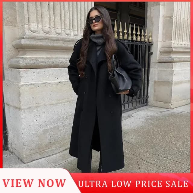 2024 Chic Black Double-breasted Woolen Overcoat With Belt Women Fashion Lapel Collar Long Sleeve Coat Fall Lady New Streetwear ﻿