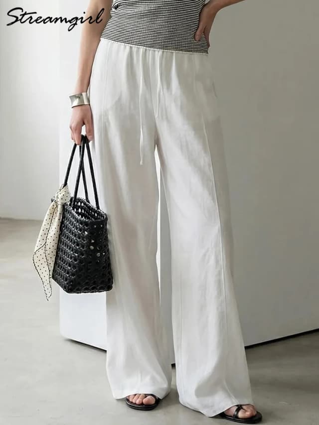 Cotton Summer Pants For Women Wide Leg Blue Trousers With Elastic Band Straight Leg Bottoms White Women's Pants Summer Loose