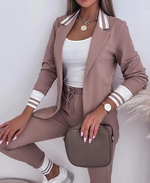 Women's Spring Double Breasted Blazer Office Pantsuit Striped Notched Collar Blazer Coat Drawstring Pants Set 2 Piece Set Female