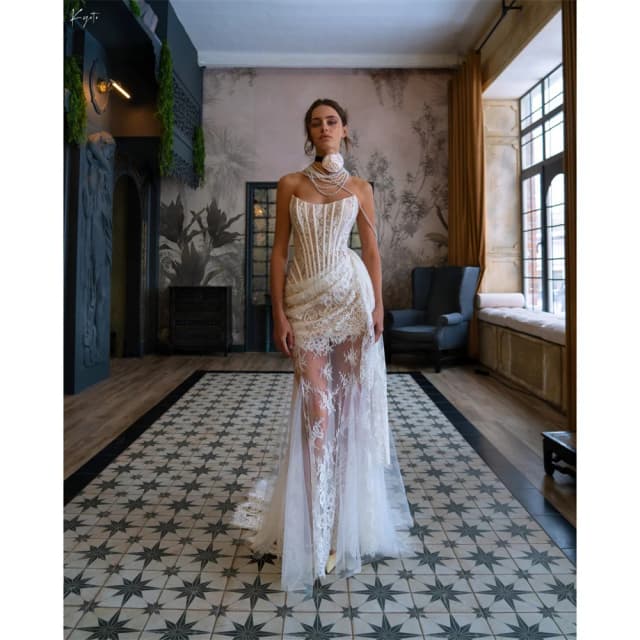 Kyoto Customized Gorgeous Lace Appliques Sheath Wedding Dress Off Shoulder vestidos de novia Detachable Train And Sleeves Formal