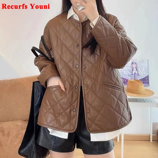 Women Genuine Leather Clothing 2023 Winter High Quality Thicked Warm Jacket With Cotton Round Neck Loose Casual Coat Streetwear