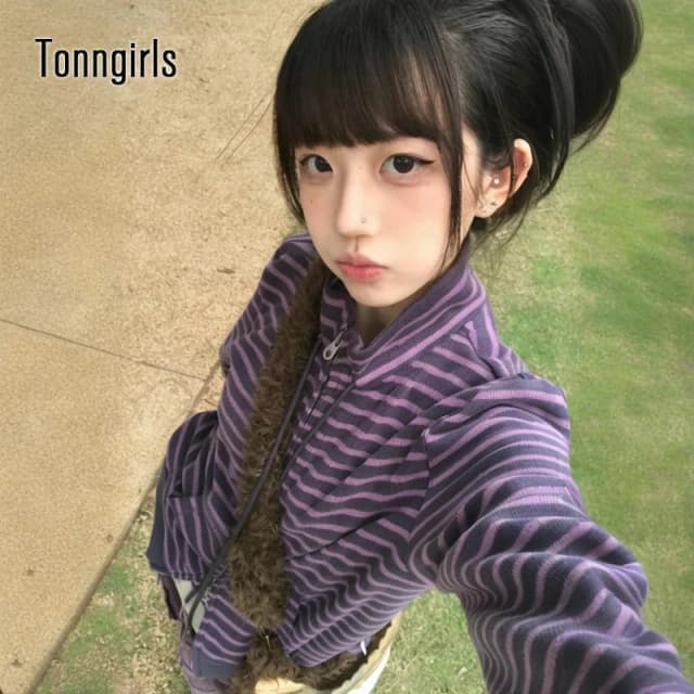 Tonngirls Y2k Japanese Sweatshirts Women Long Sleeve Striped Stand Collar Sweatshirt High Street Graphic Winter Coats E-girls