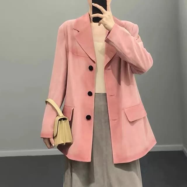 Vintage Fashion Suede Jacket Women 2024 autumn Genuine Leather Gradient Brown Sakura PinK Maillard Dressing Silhouette Suit Coat