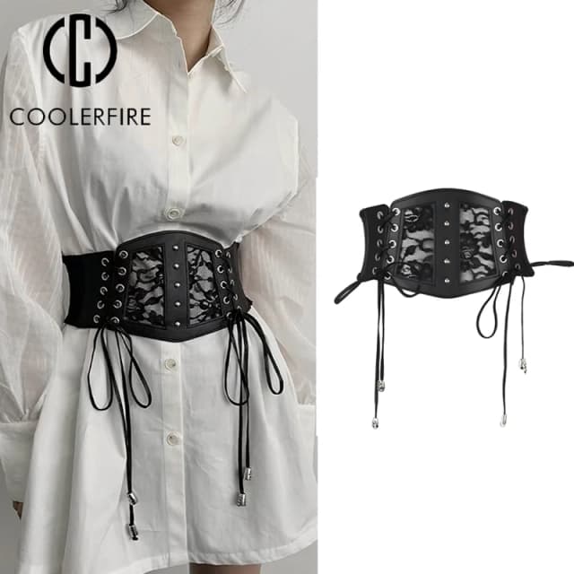 Elastic Lace Corset Belts for Women Wide Stretch Cummerbunds Female Goth Punk Dress Corset Belt Black  Waistband LYF003