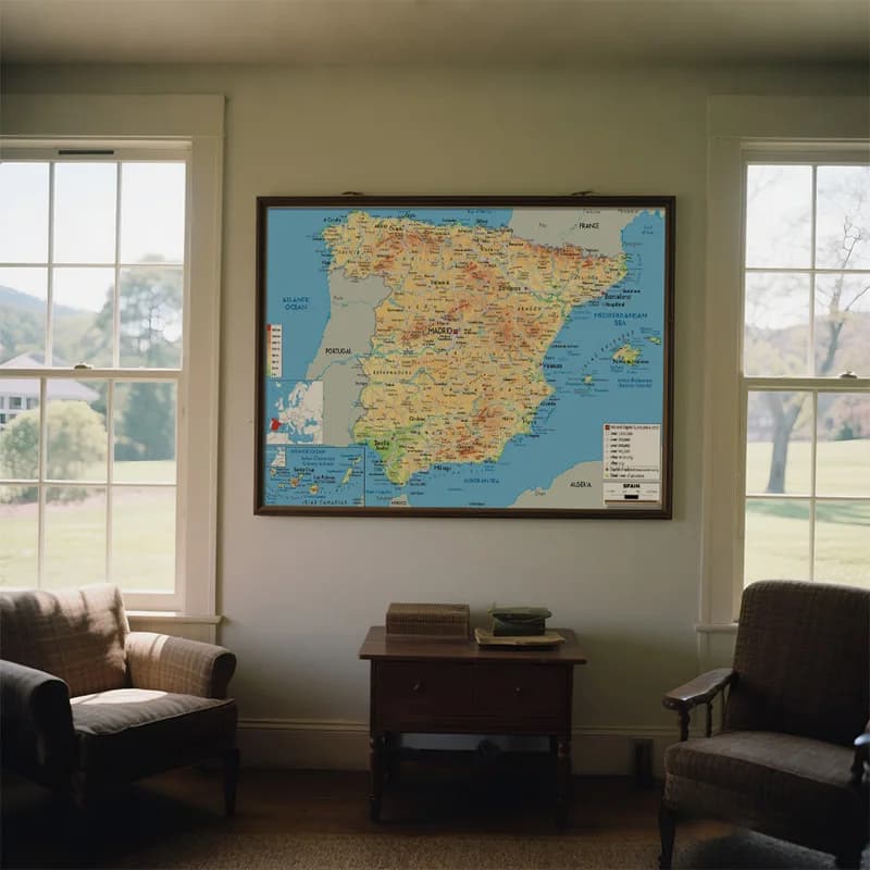 Spanish Map English - Detailed Geography Maps Large Poster Prints Wall Art Office Home Decoration Educational Gift