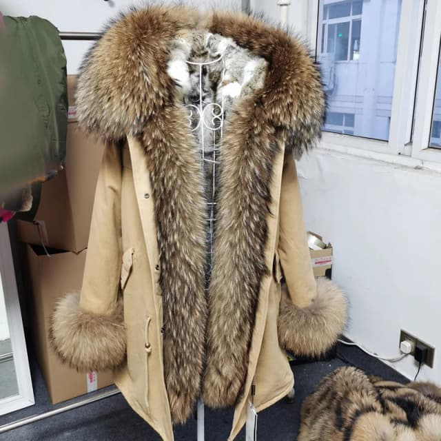 Maomaokong 2023 Real Natural Raccoon Big Fox Fur Collar Parkas Long Female Winter Rabbit Lining Inner Jacket Fur Coat Outerwear