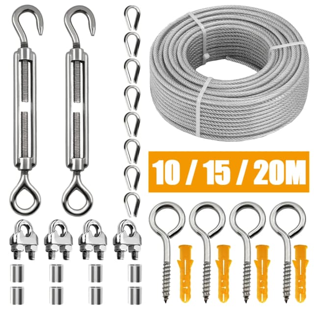 31pcs/Set Stainless Steel Wire Rope Kit PVC Guardrail Rope Camping Fixed Camping Clothesline 2mm Kit 10/15/20M