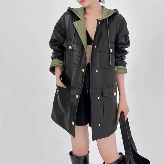 Autumn Winter Leather Clothing for Women New Female Oversize Genuine Leather Windbreaker Medium Long Hooded Coat Casual  Jacket