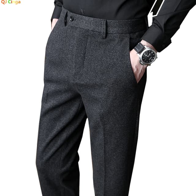 QJ CINGA Mới Màu Xám Nam Len Quần Mùa Thu/Mùa Đông Dày Quần Áo Slim Kinh Doanh Pantalones Hombre Thời Trang 28-36