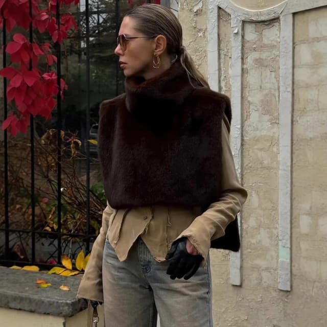 2025 New Fashion Faux Fur Sable Vest Crop Top Autumn Winter Turtleneck Eco Mink Fur Tank Tops Sleeveless Jacket Coat