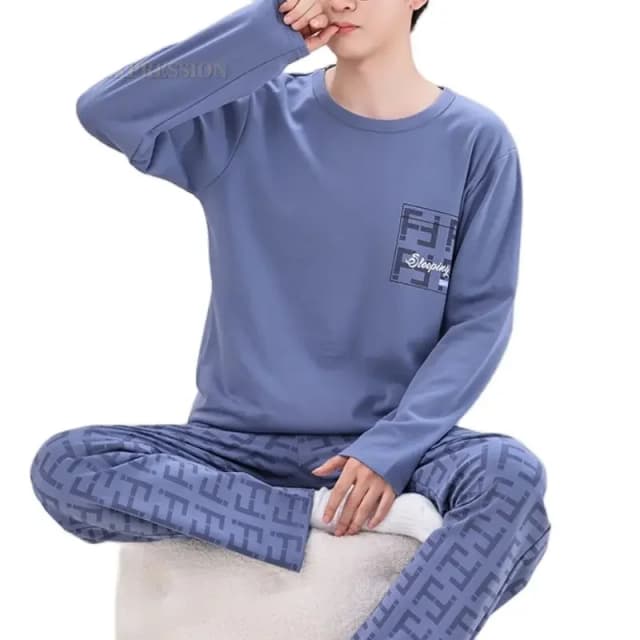 Mùa Xuân Và Mùa Thu Nam Cotton Đồ Ngủ Thư Lưới Bộ Đồ Ngủ Hoạt Hình Bộ Đồ Ngủ Bộ Casual Bộ Đồ Ngủ Size Lớn Cổ Nam