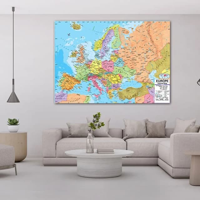 150x100cm/A1/A2 The Europe Map In English with Details Wall Art Poster Painting Travel School Supplies Classroom Home Decoration